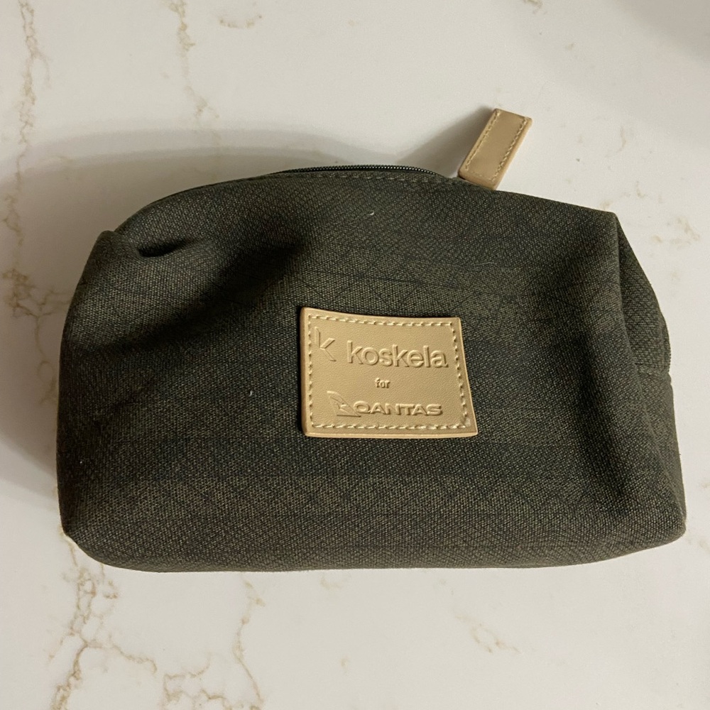 KOSKELA For QANTAS Olive Green Geometric Stripe Cosmetic Bag